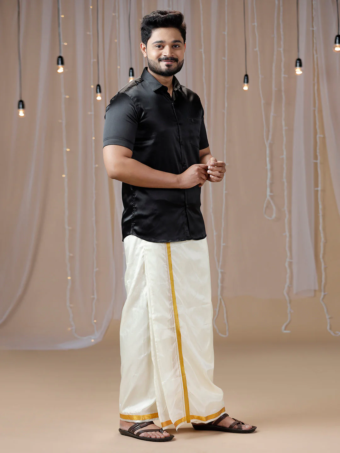 Men Black Half Sleeves Shirt with Art Silk Double Layer Dhoti Combo PS5 - Image 2