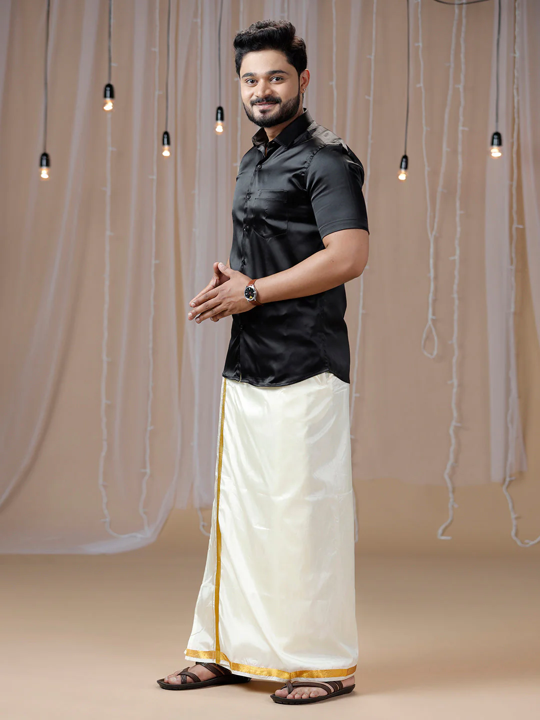 Men Black Half Sleeves Shirt with Art Silk Double Layer Dhoti Combo PS5 - Image 3