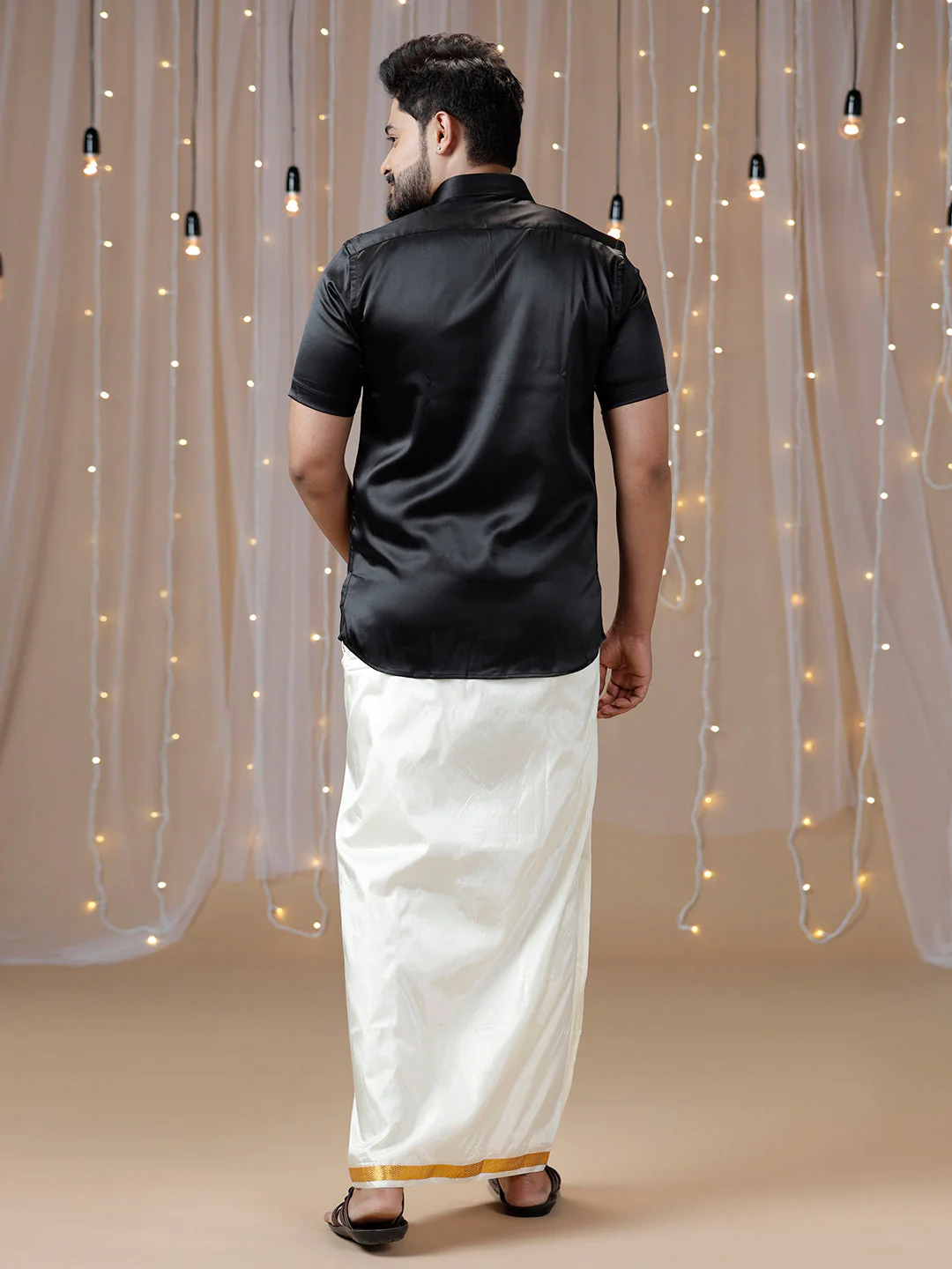 Men Black Half Sleeves Shirt with Art Silk Double Layer Dhoti Combo PS5 - Image 4