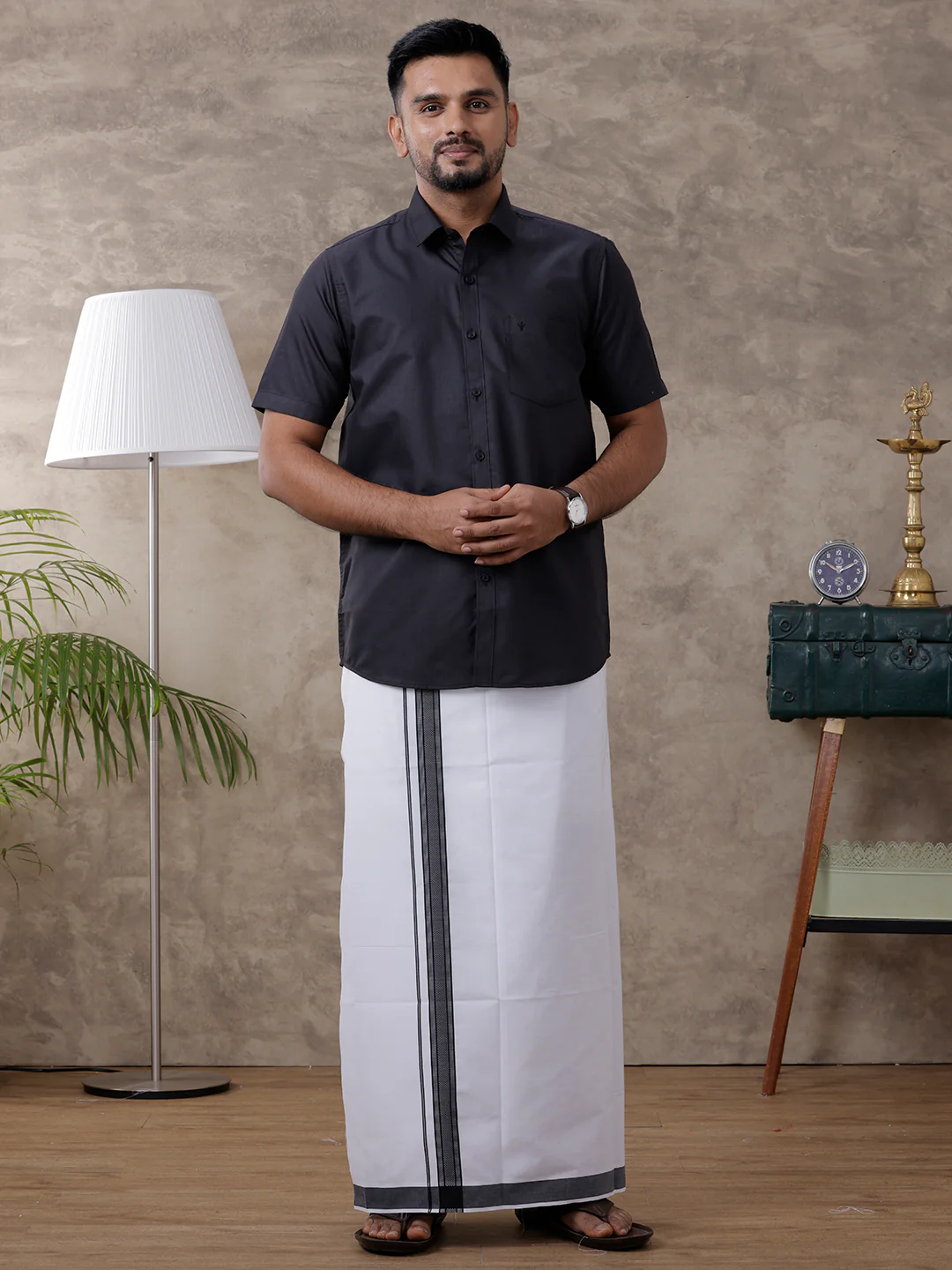 Men Black Matching Border Dhoti & Half Sleeves Shirt Set Evolution IC10 - Image 2