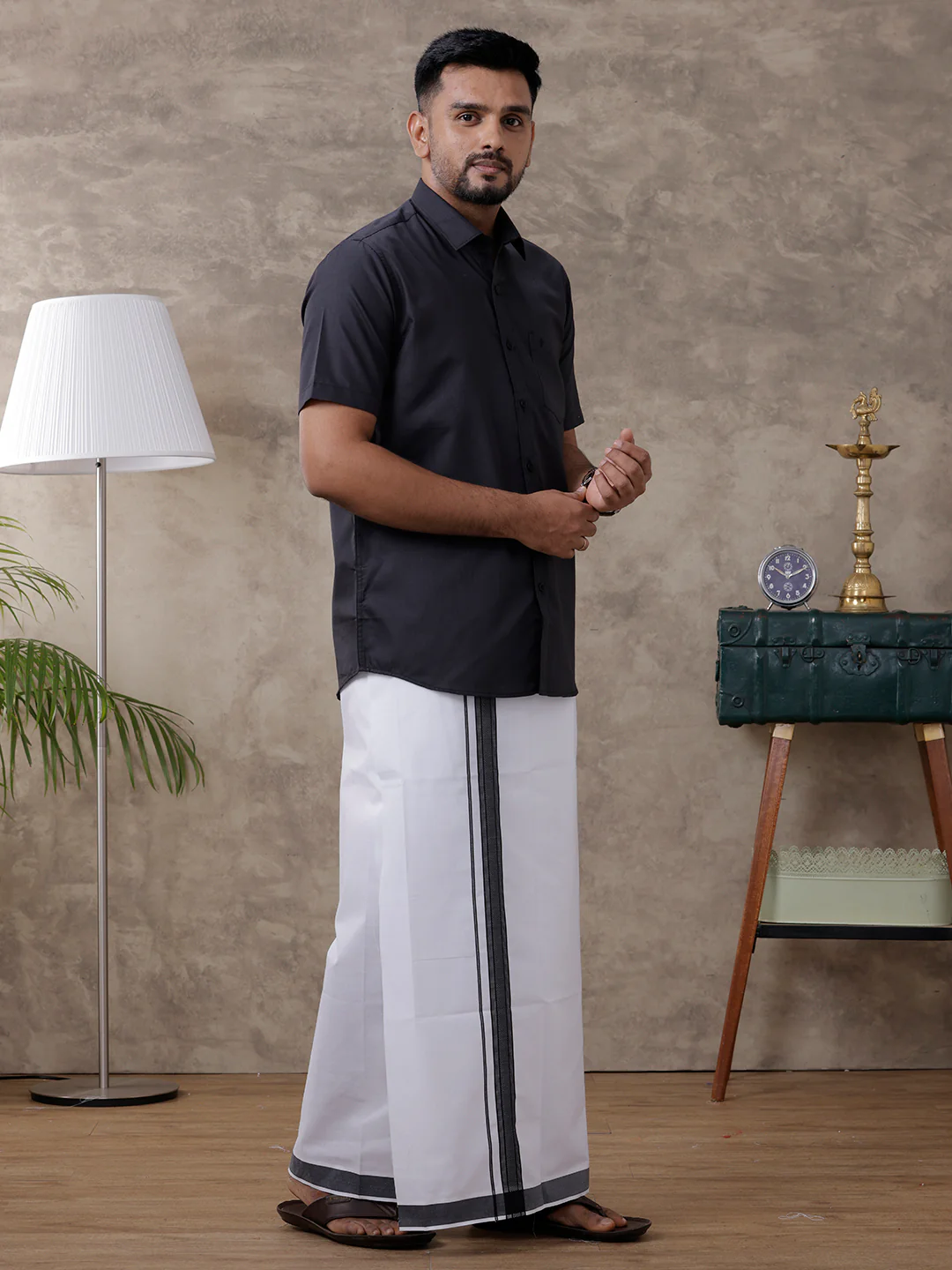 Men Black Matching Border Dhoti & Half Sleeves Shirt Set Evolution IC10 - Image 3