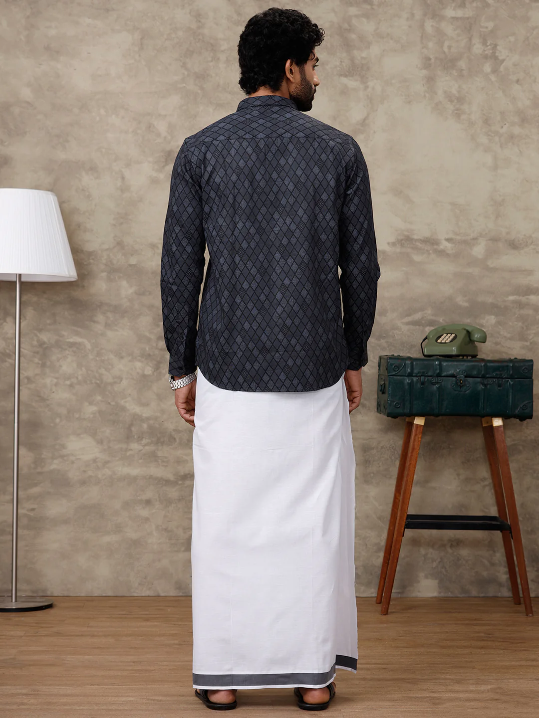 Men Black Matching Border Dhoti with Printed Shirt Set Fusion PS6 - Image 5