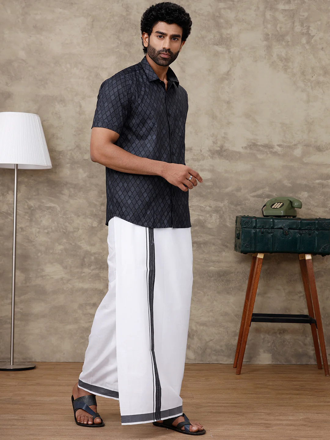 Men Black Matching Border Dhoti with Printed Shirt Set Fusion PS6 - Image 6