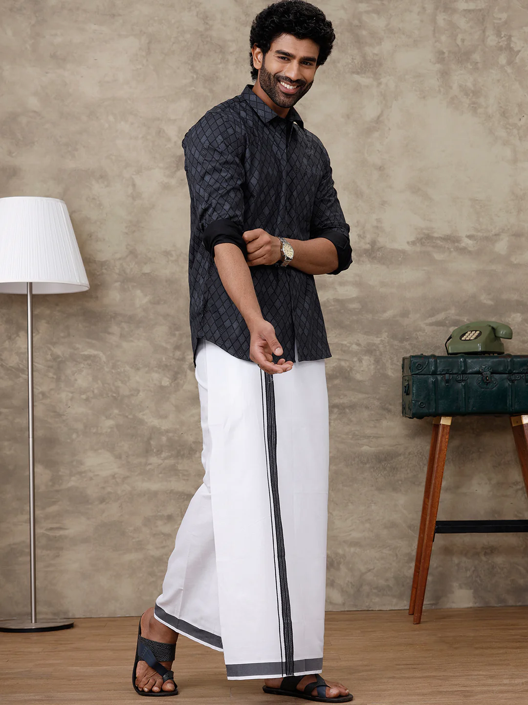 Men Black Matching Border Dhoti with Printed Shirt Set Fusion PS6 - Image 7