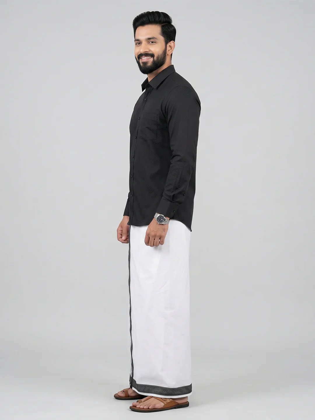 Men Black Matching Border Dhoti With Printed Shirt Set Windsor HNJ6 - Image 3