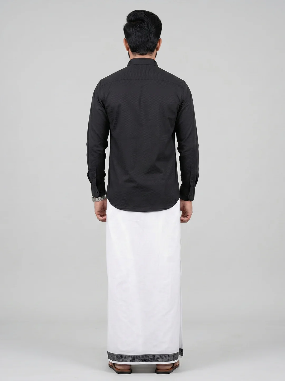 Men Black Matching Border Dhoti With Printed Shirt Set Windsor HNJ6 - Image 6