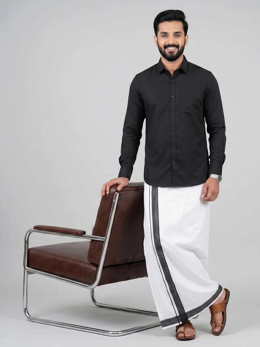 Men Black Matching Border Dhoti With Printed Shirt Set Windsor HNJ6 - Image 7