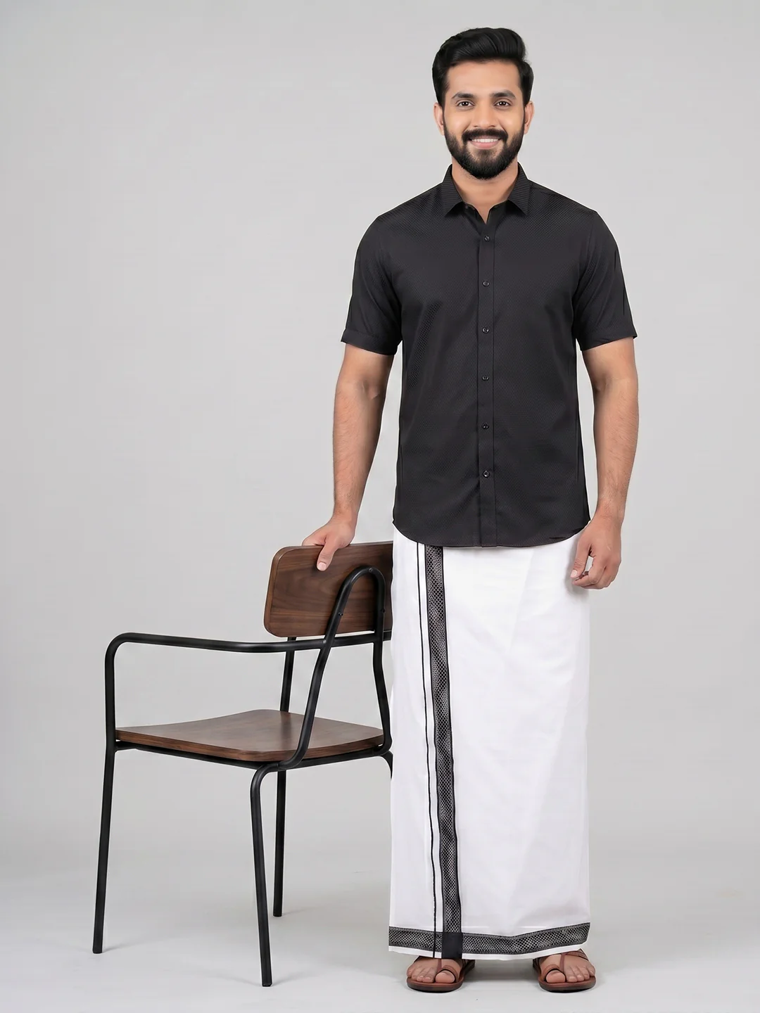 Men Black Matching Border Dhoti With Printed Shirt Set Windsor HNJ6 - Image 8