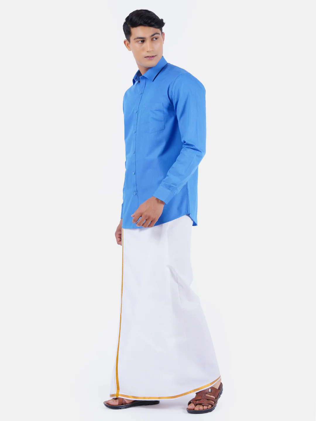 Men Blue Full Sleeves Shirt with 1/2" Inch Gold Jari Border Single Layer Dhoti Combo - Image 2