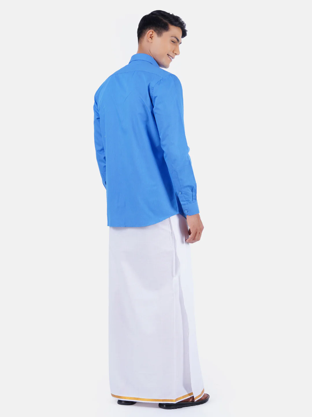 Men Blue Full Sleeves Shirt with 1/2" Inch Gold Jari Border Single Layer Dhoti Combo - Image 3