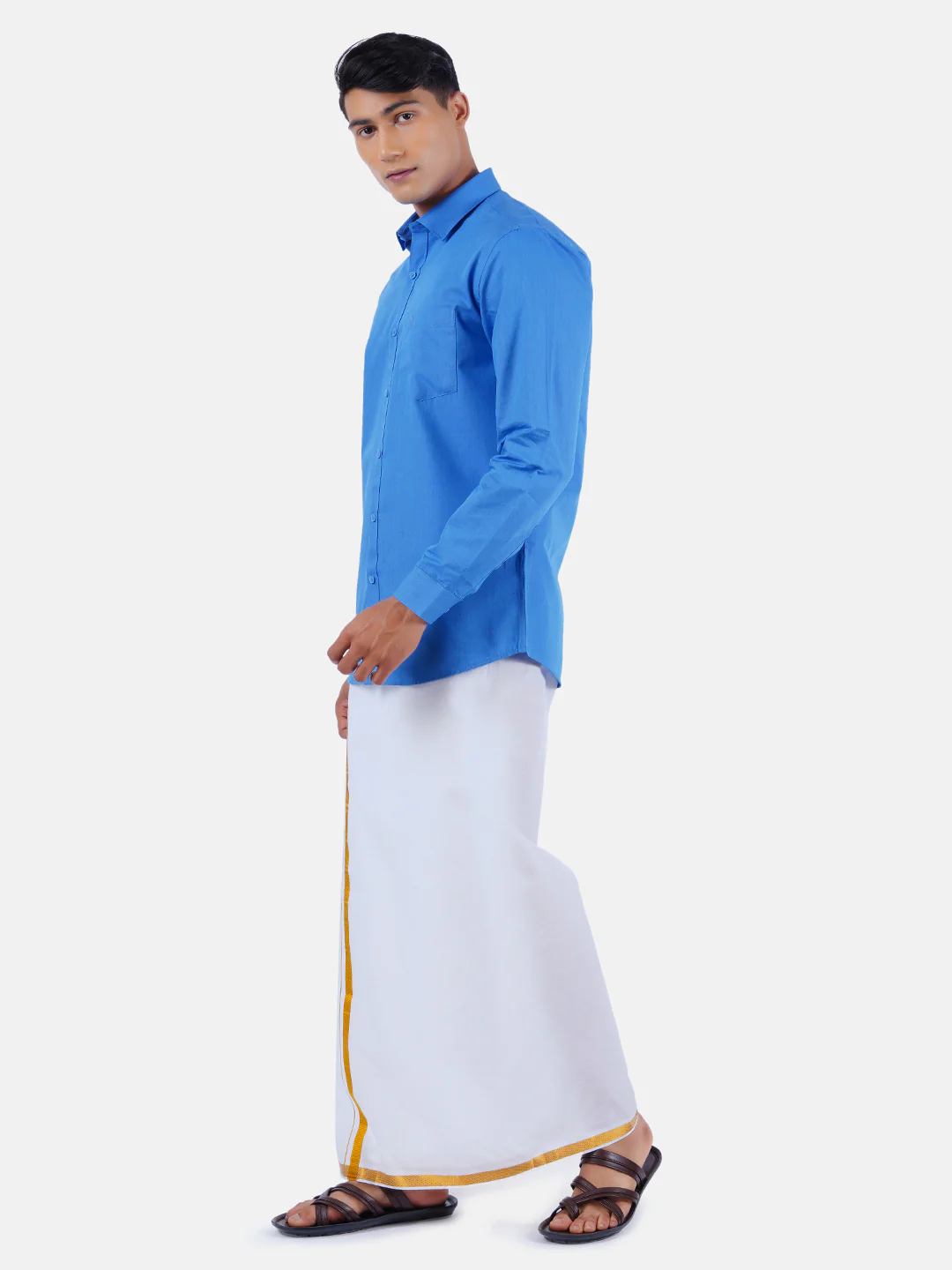 Men Blue Full Sleeves Shirt with 3/4" Inch Gold Jari Border Single Layer Dhoti Combo - Image 2