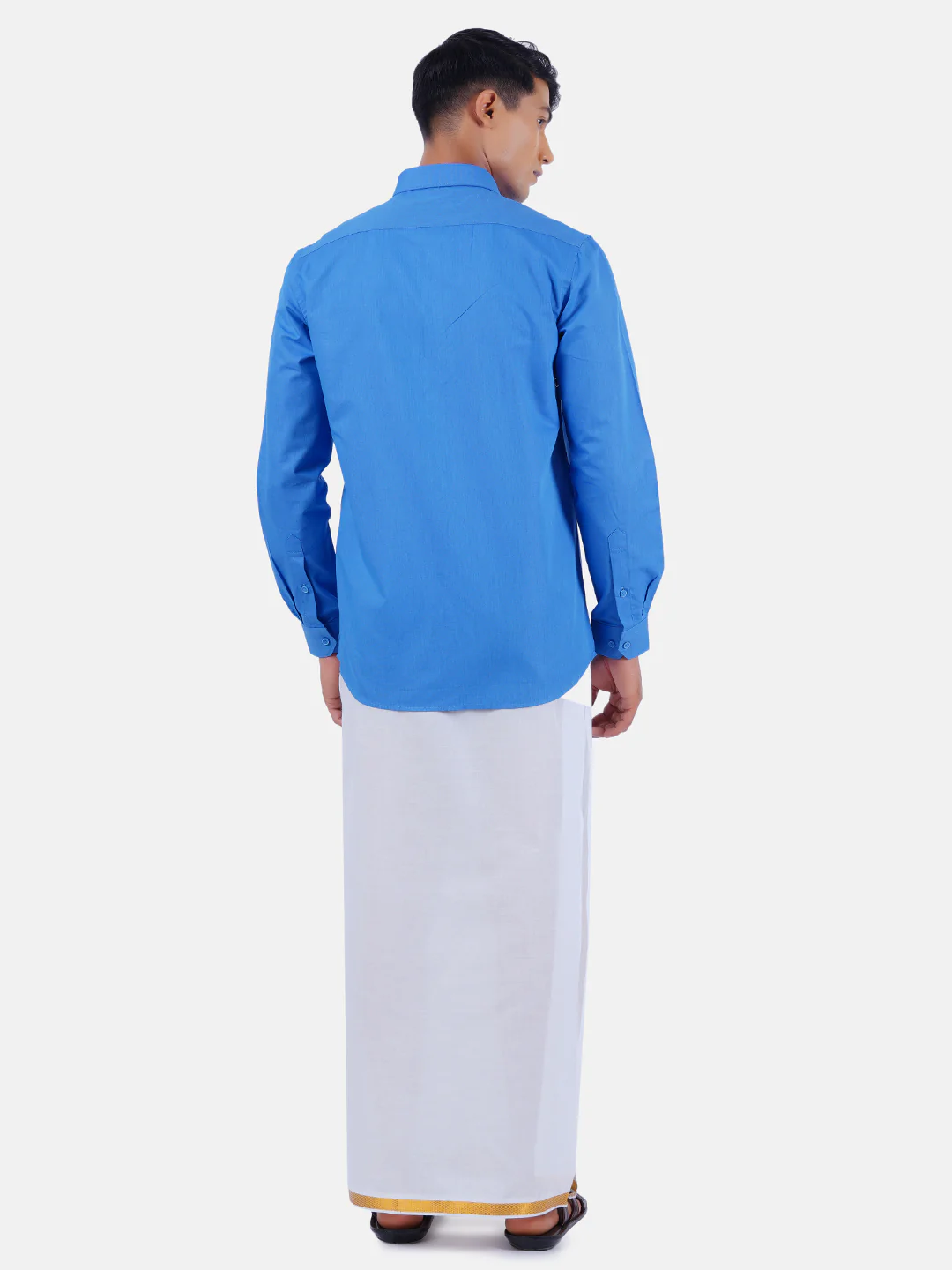 Men Blue Full Sleeves Shirt with 3/4" Inch Gold Jari Border Single Layer Dhoti Combo - Image 3