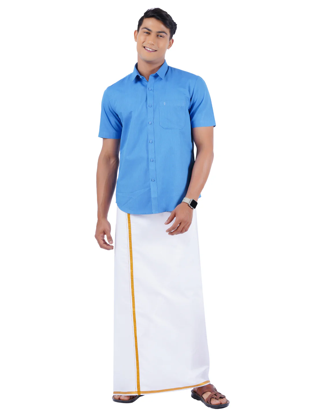 Men Blue Half Sleeves Shirt with 1/2" Inch Gold Jari Border Single Layer Dhoti Combo