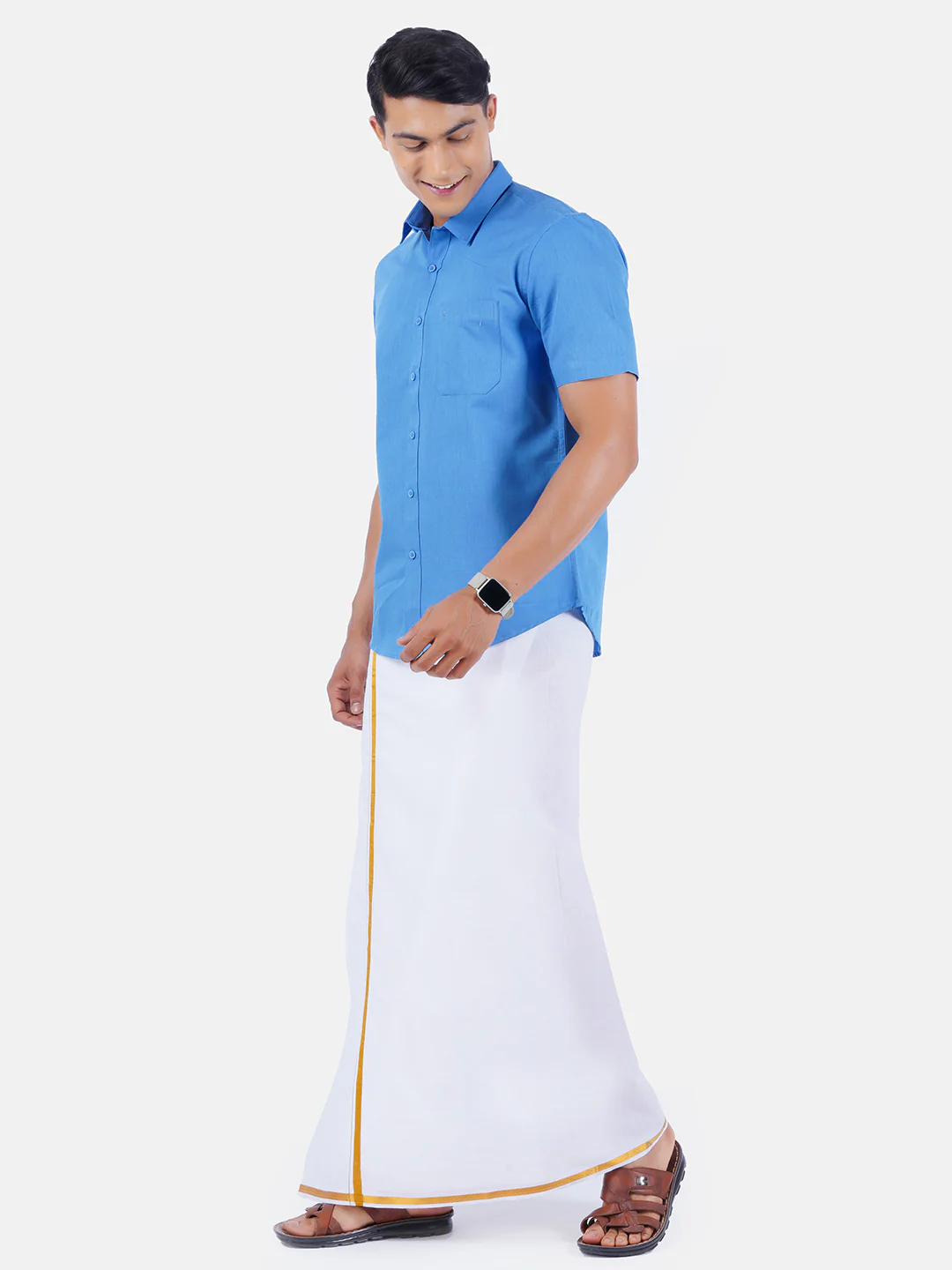 Men Blue Half Sleeves Shirt with 1/2" Inch Gold Jari Border Single Layer Dhoti Combo - Image 2