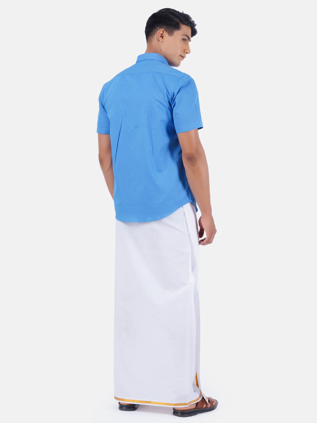 Men Blue Half Sleeves Shirt with 1/2" Inch Gold Jari Border Single Layer Dhoti Combo - Image 3