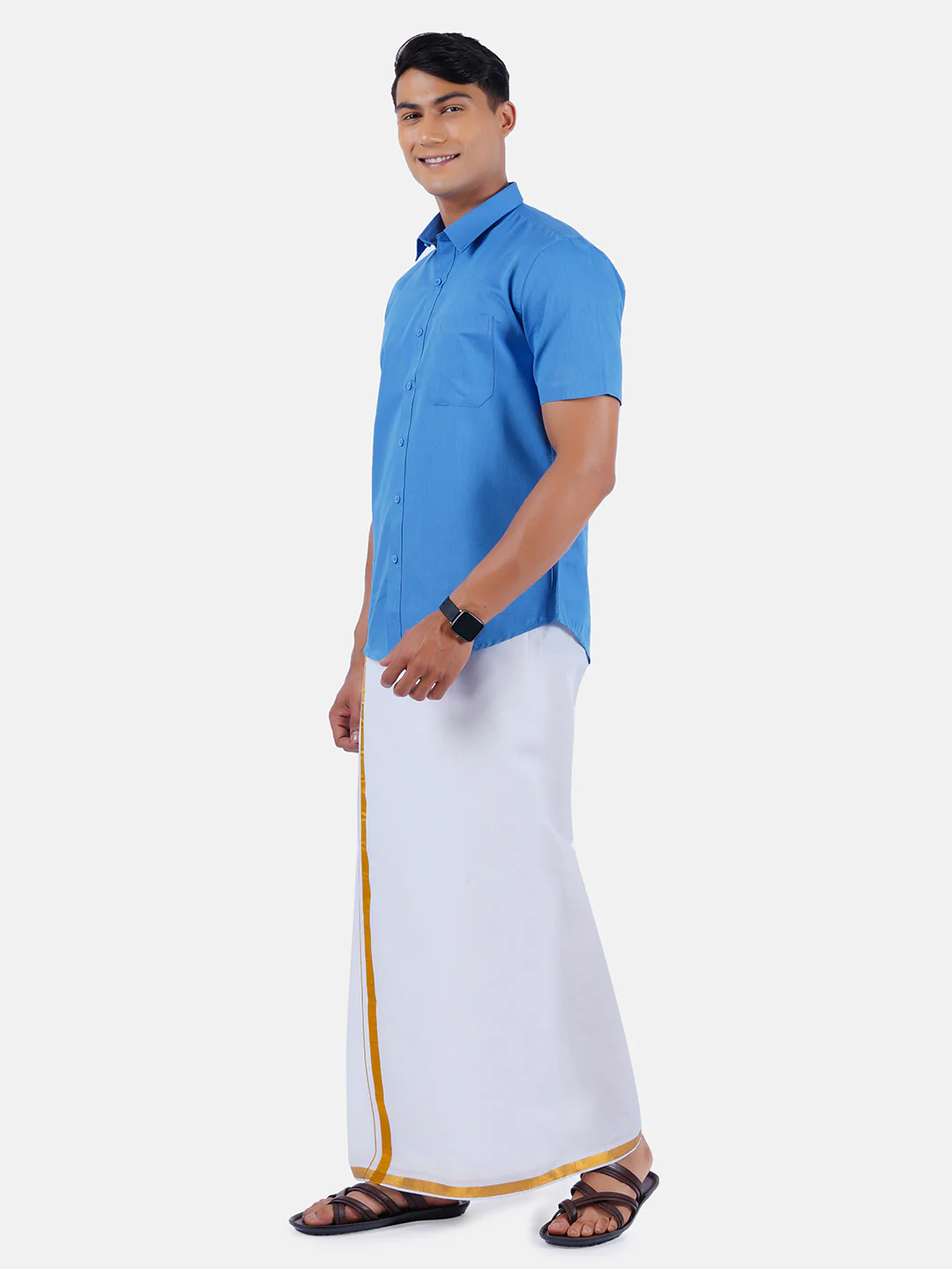 Men Blue Half Sleeves Shirt with 3/4" Inch Gold Jari Border Single Layer Dhoti Combo - Image 2