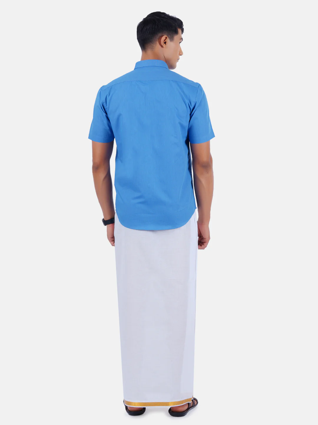 Men Blue Half Sleeves Shirt with 3/4" Inch Gold Jari Border Single Layer Dhoti Combo - Image 3