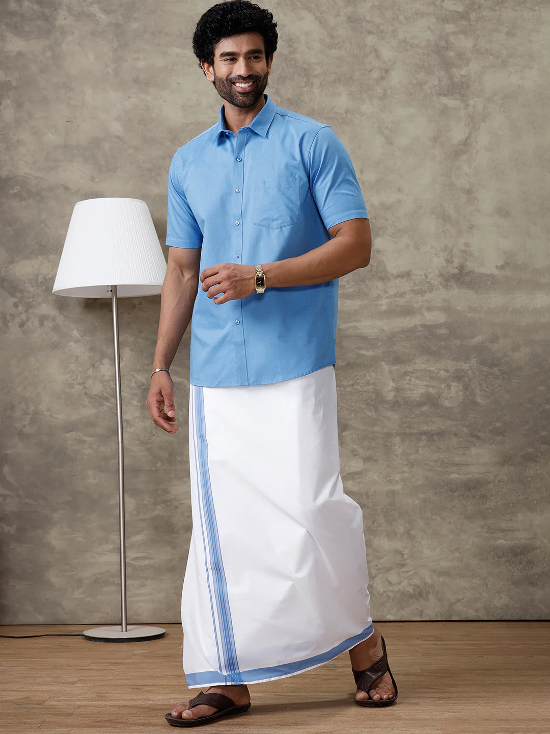Men Blue Shirt With Matching Border Dhoti Set Evolution - Image 2