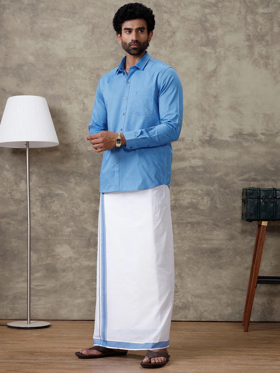 Men Blue Shirt With Matching Border Dhoti Set Evolution - Image 3
