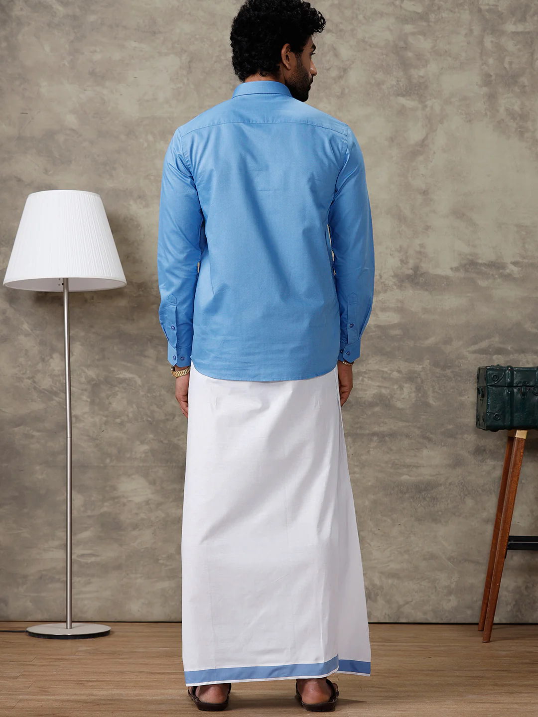 Men Blue Shirt With Matching Border Dhoti Set Evolution - Image 4