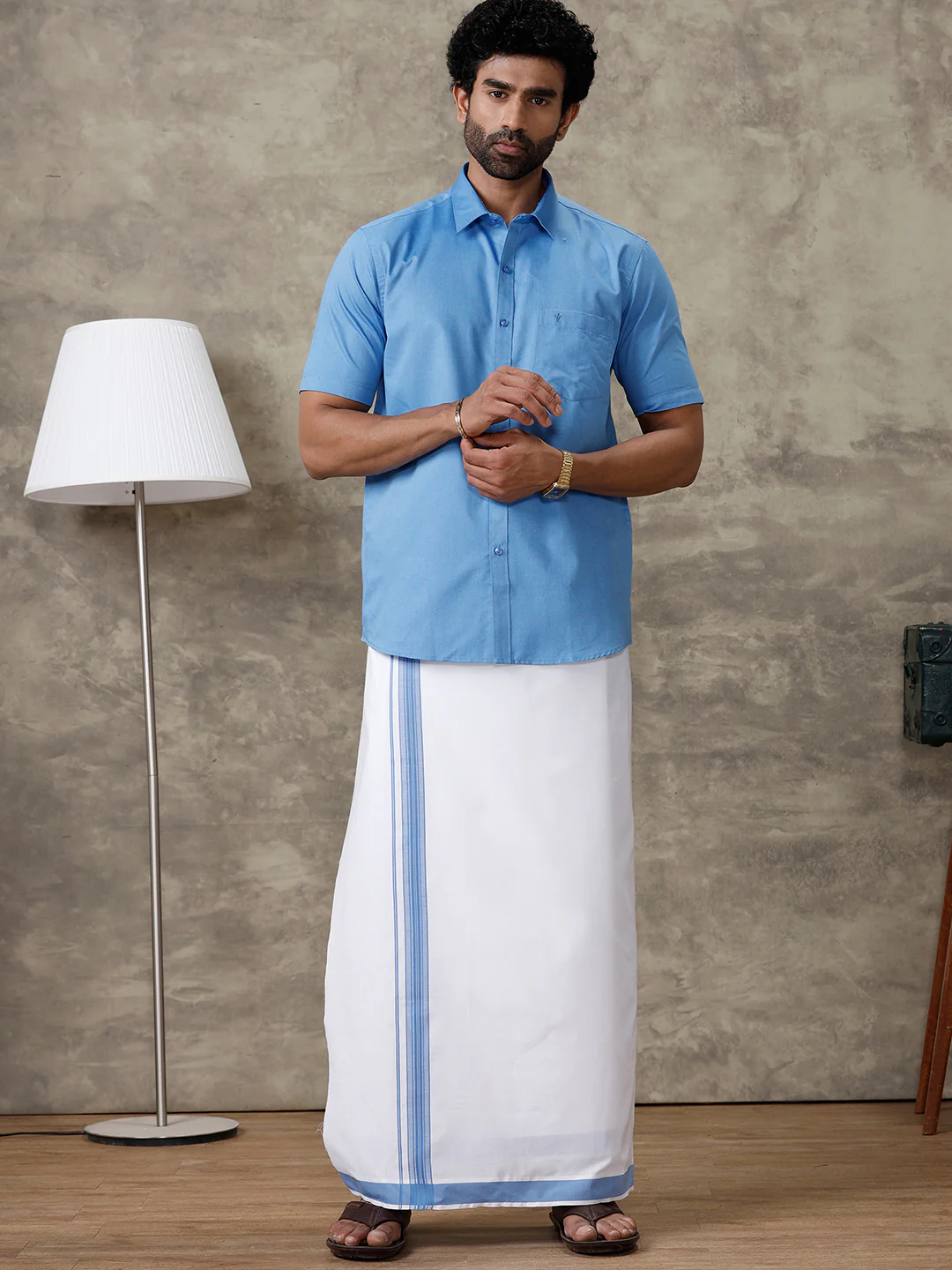 Men Blue Shirt With Matching Border Dhoti Set Evolution - Image 6