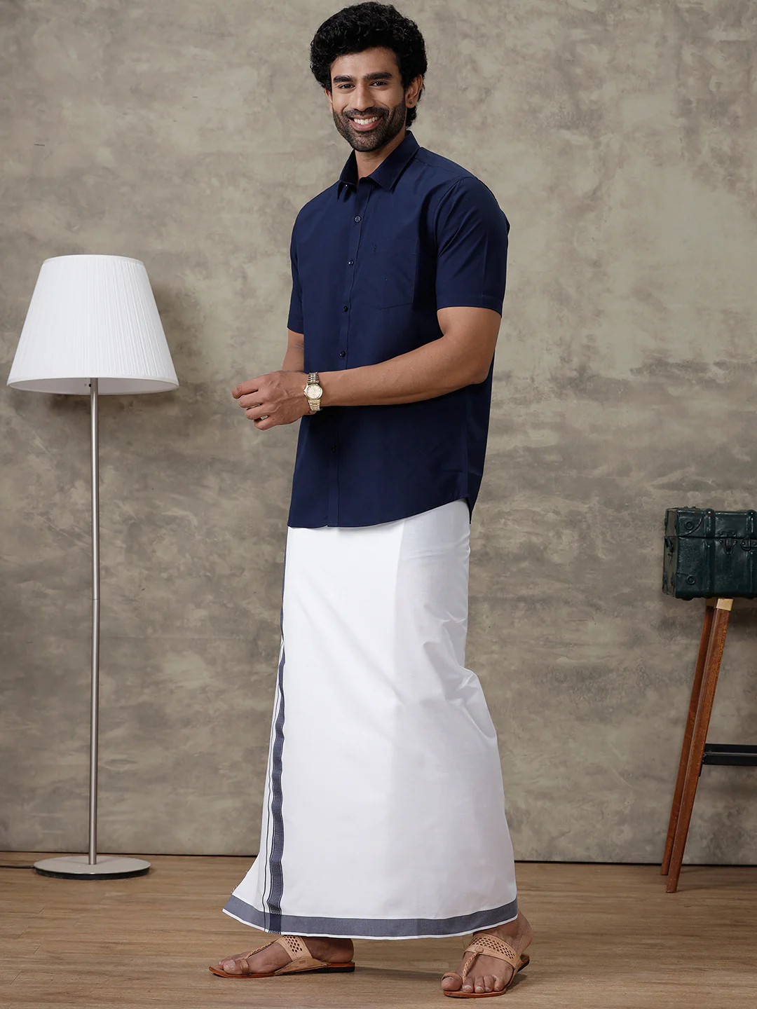 Men Blue Zodiac Shirt With Matching Border Dhoti Set Trendy - Image 2