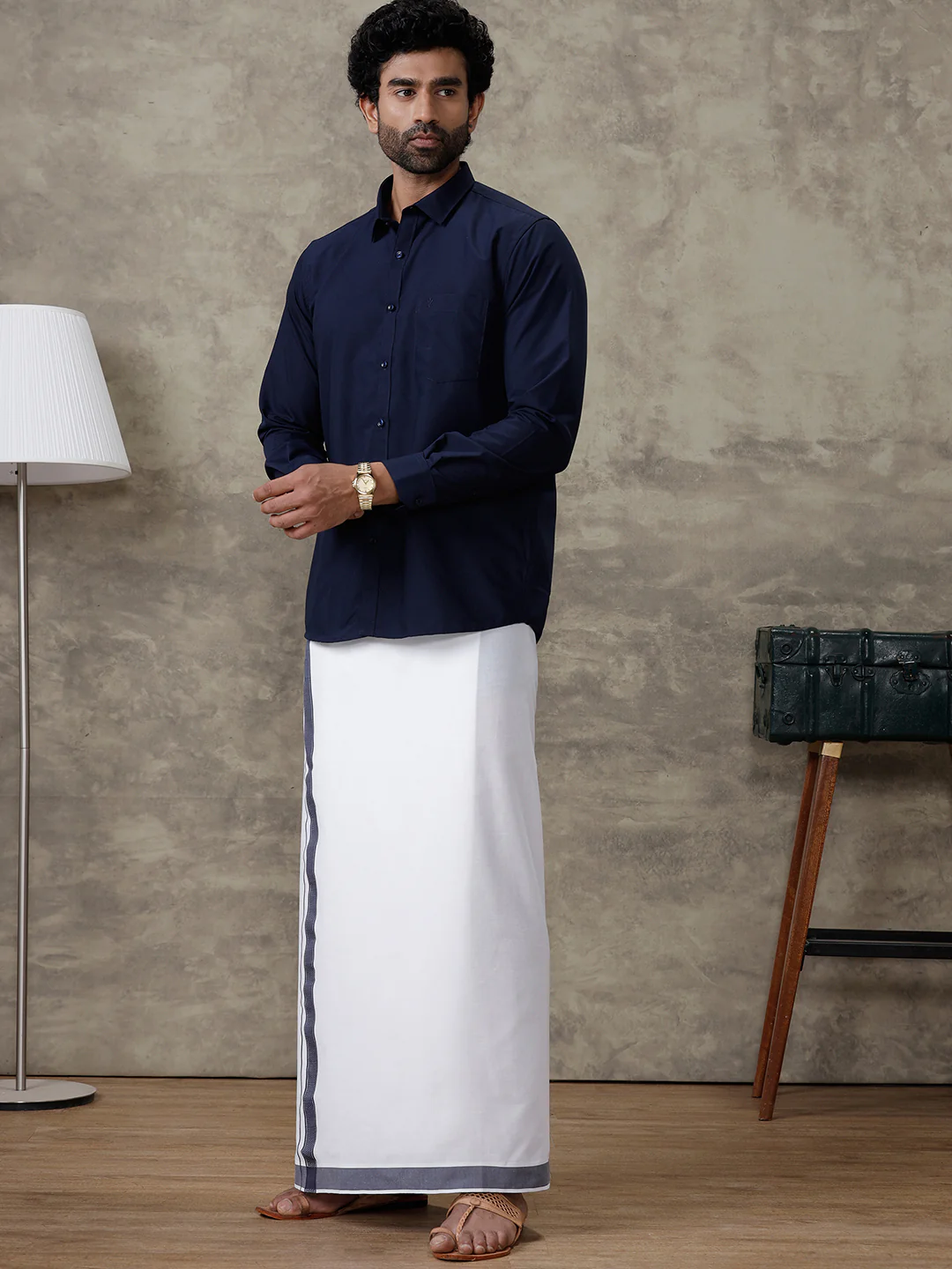 Men Blue Zodiac Shirt With Matching Border Dhoti Set Trendy - Image 3