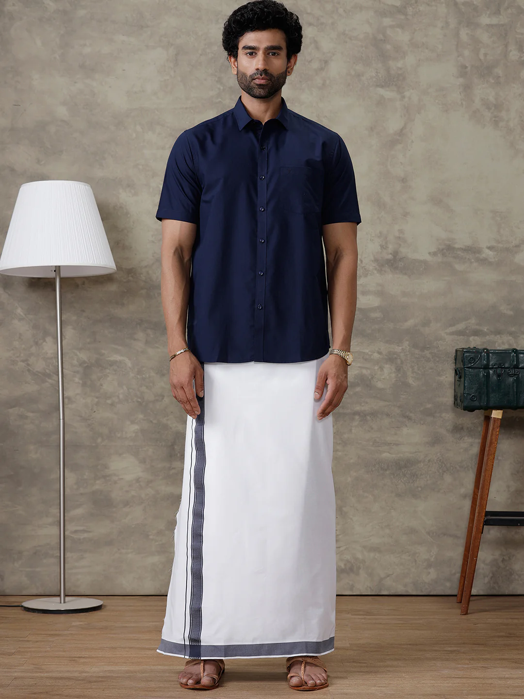 Men Blue Zodiac Shirt With Matching Border Dhoti Set Trendy - Image 4