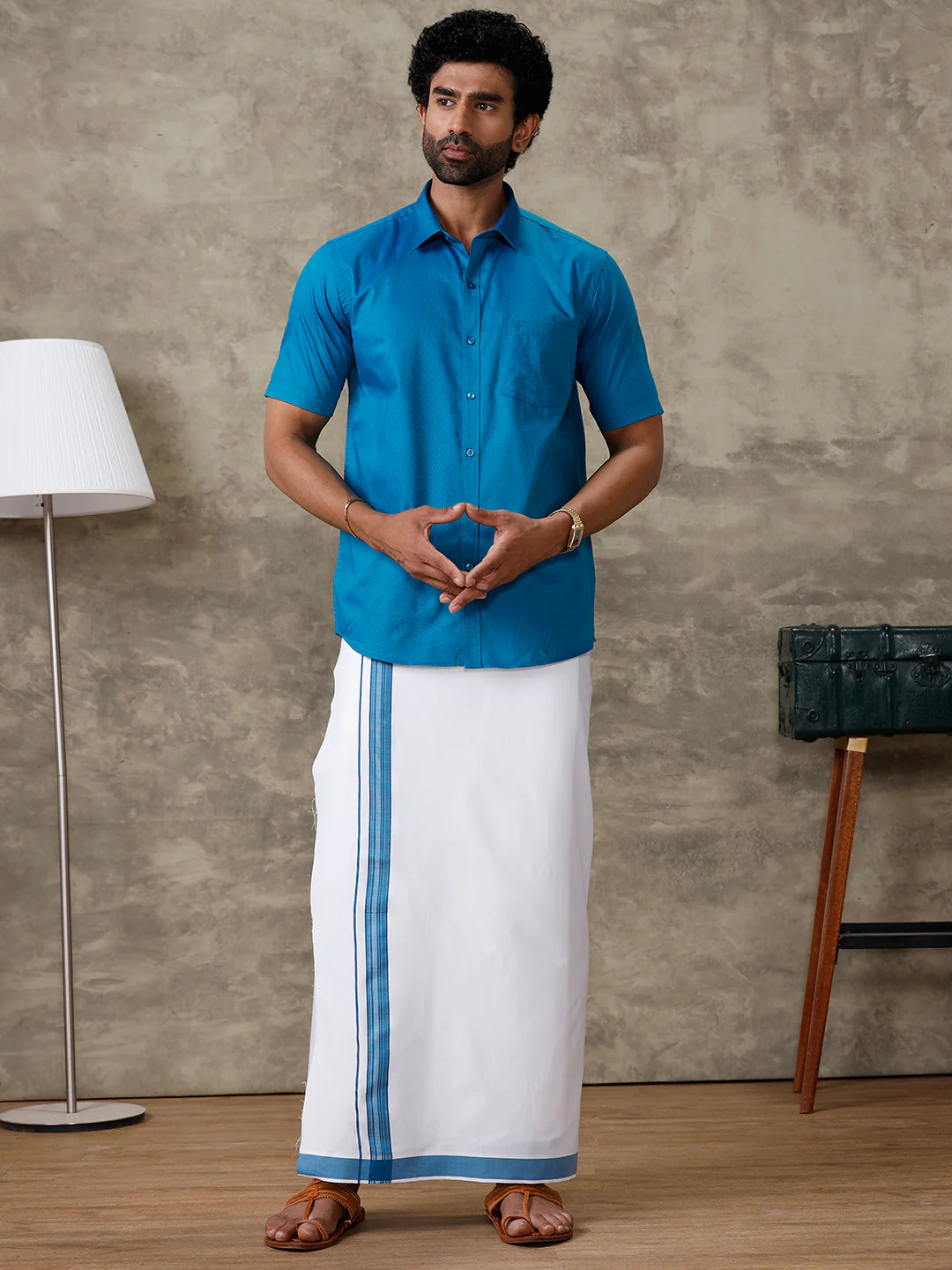Men Bondi Blue Shirt With Matching Border Dhoti Set Evolution - Image 2