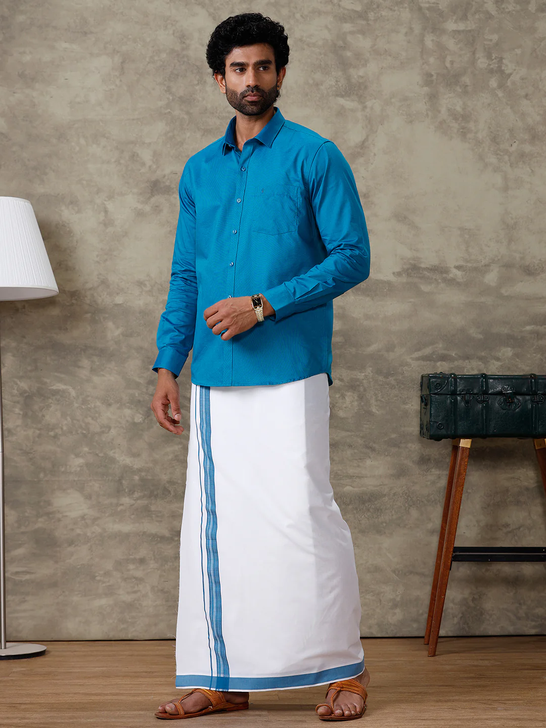 Men Bondi Blue Shirt With Matching Border Dhoti Set Evolution - Image 3