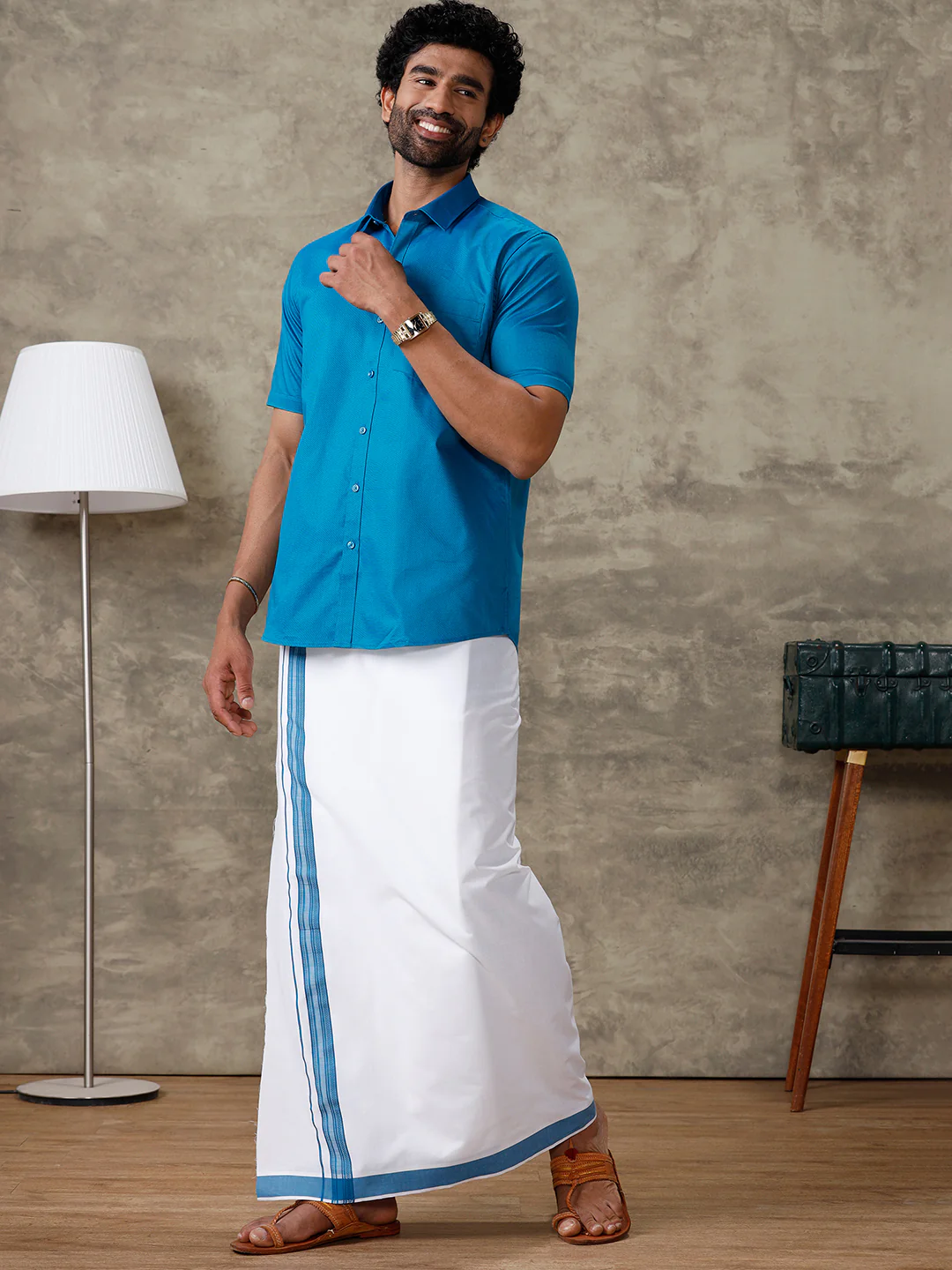 Men Bondi Blue Shirt With Matching Border Dhoti Set Evolution - Image 4