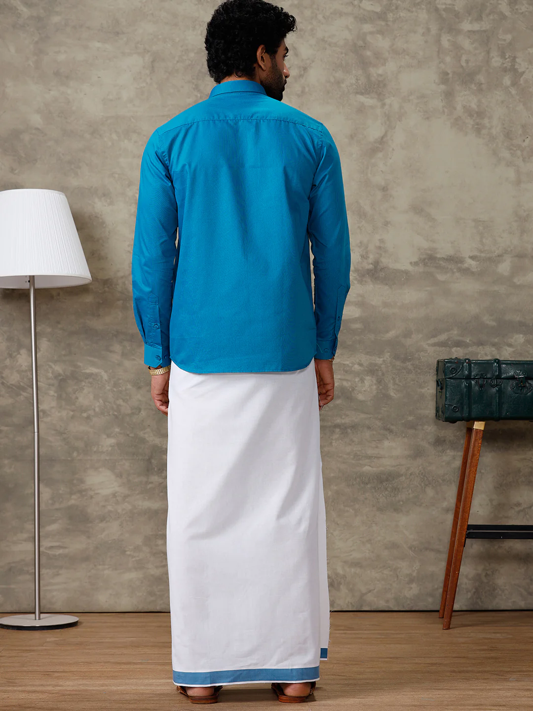 Men Bondi Blue Shirt With Matching Border Dhoti Set Evolution - Image 6