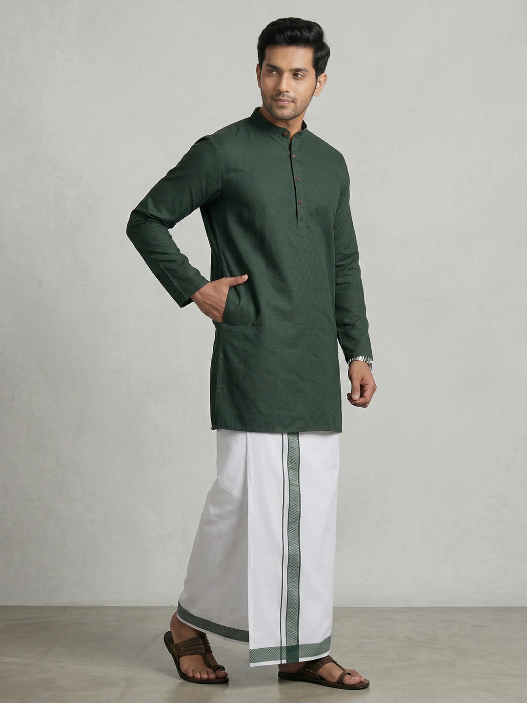 Men Bottle Green Medium Length Kurta with Matching Border Dhoti Set MHJ8