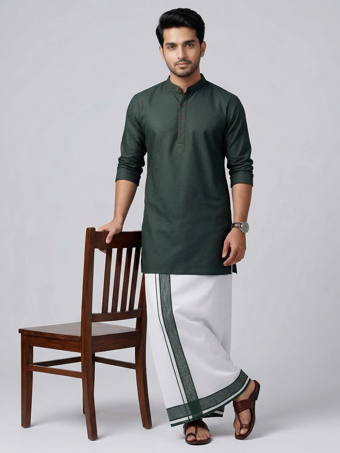 Men Bottle Green Medium Length Kurta with Matching Border Dhoti Set MHJ8 - Image 2