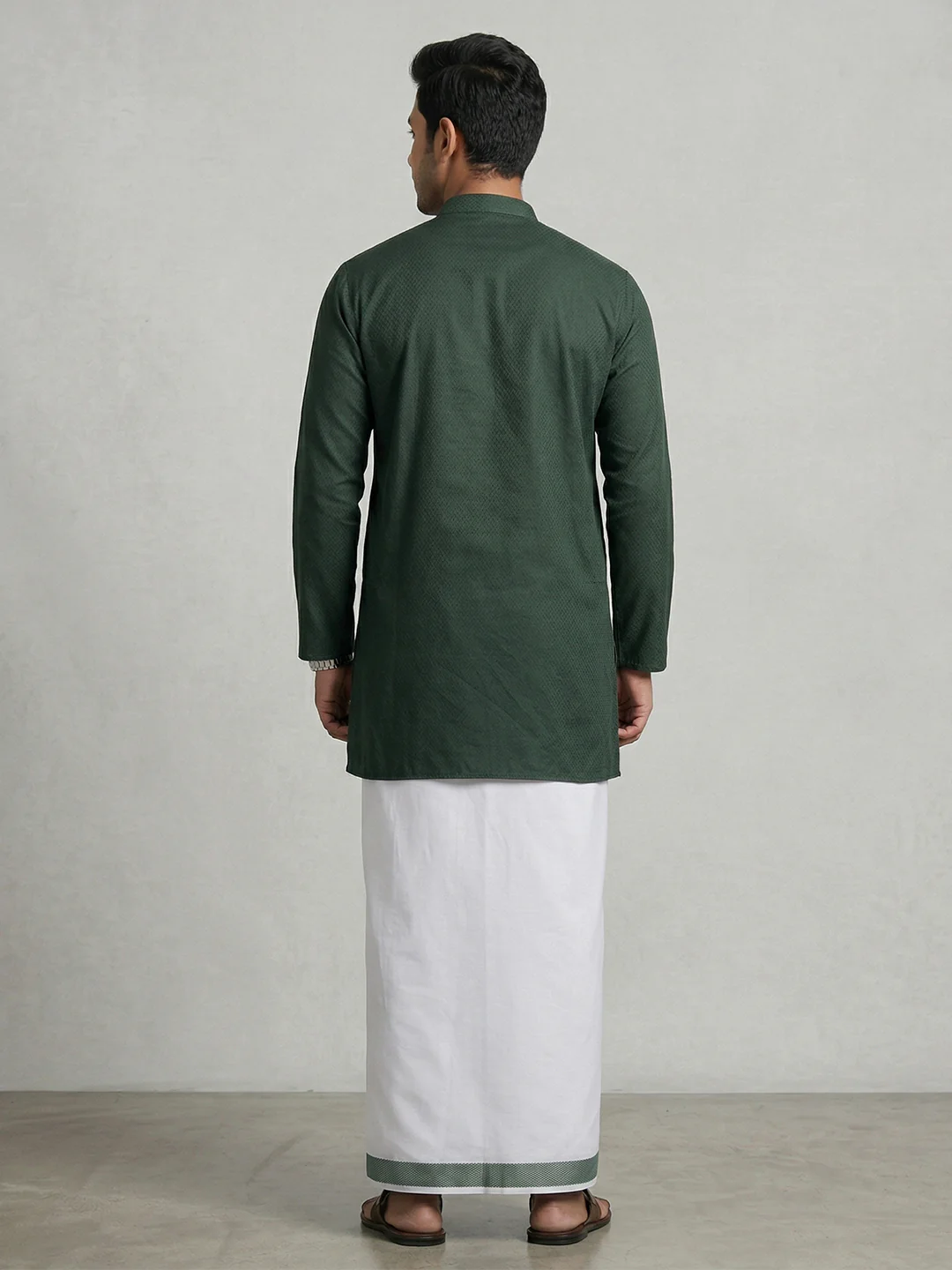 Men Bottle Green Medium Length Kurta with Matching Border Dhoti Set MHJ8 - Image 3