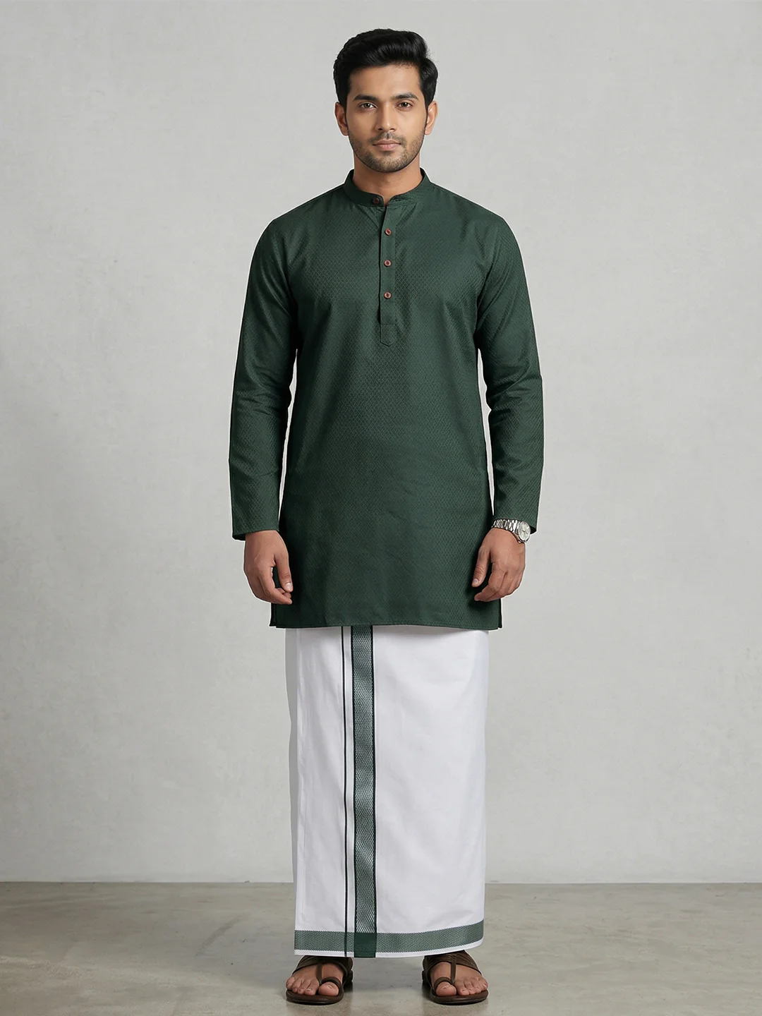 Men Bottle Green Medium Length Kurta with Matching Border Dhoti Set MHJ8 - Image 5