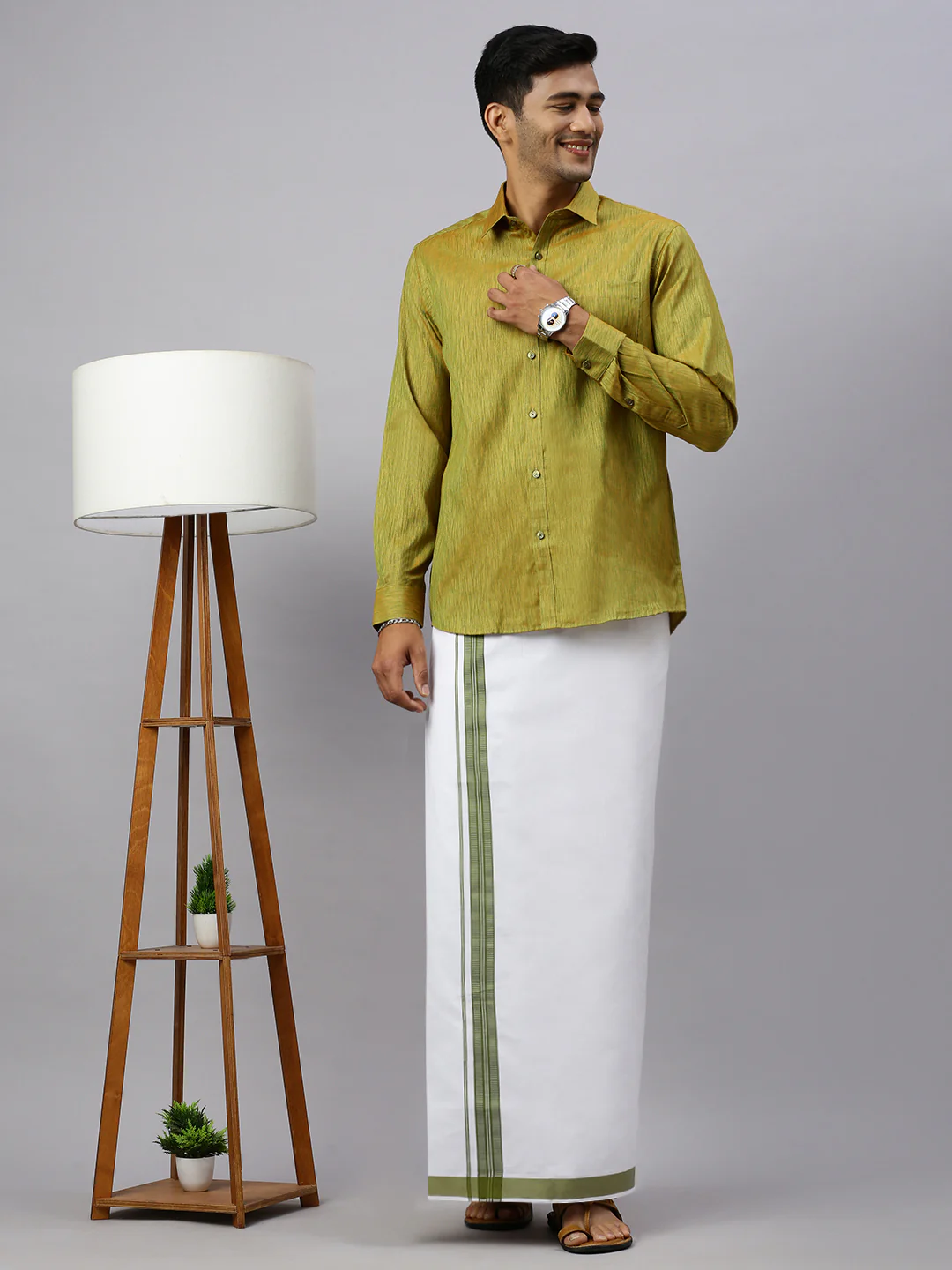 Men Bronze Olive Matching Border Dhoti & Full Sleeves Shirt Set CV8 - Image 2