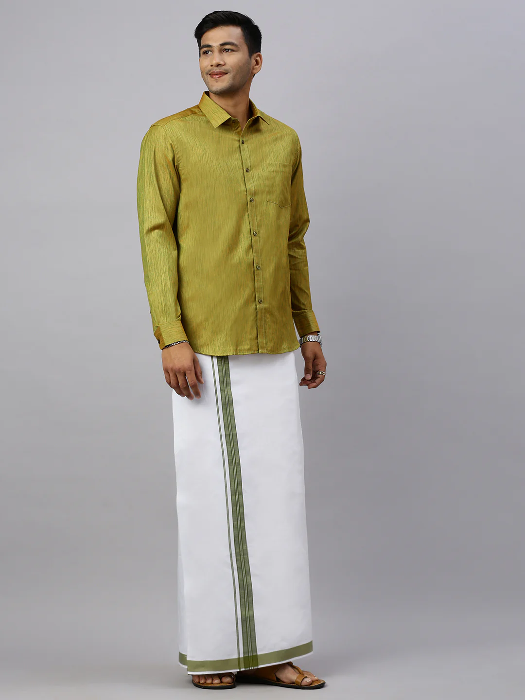 Men Bronze Olive Matching Border Dhoti & Full Sleeves Shirt Set CV8 - Image 3
