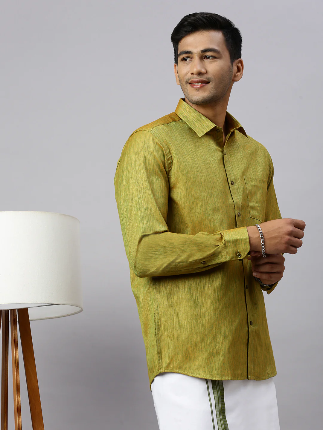 Men Bronze Olive Matching Border Dhoti & Full Sleeves Shirt Set CV8 - Image 4