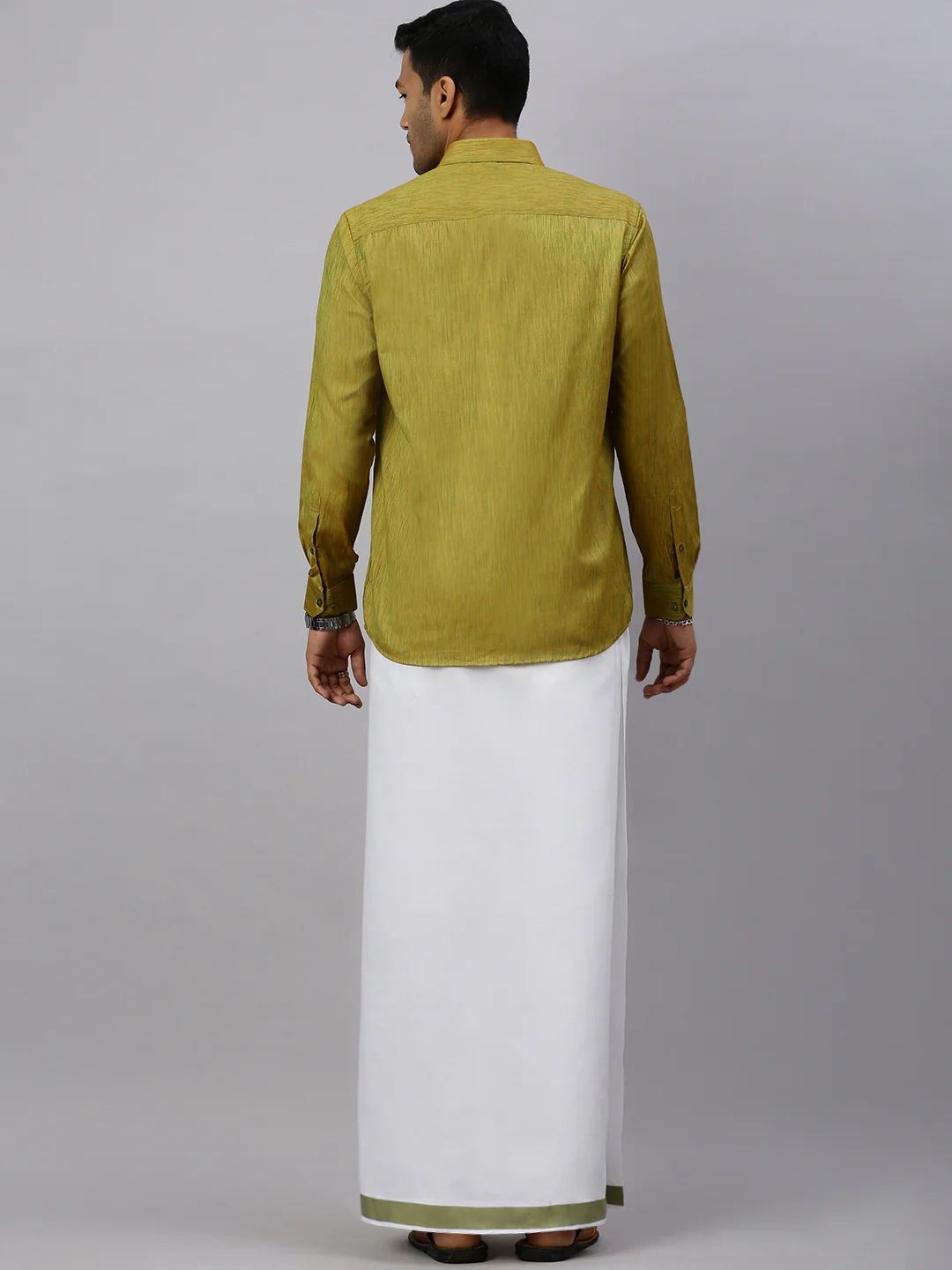 Men Bronze Olive Matching Border Dhoti & Full Sleeves Shirt Set CV8 - Image 5