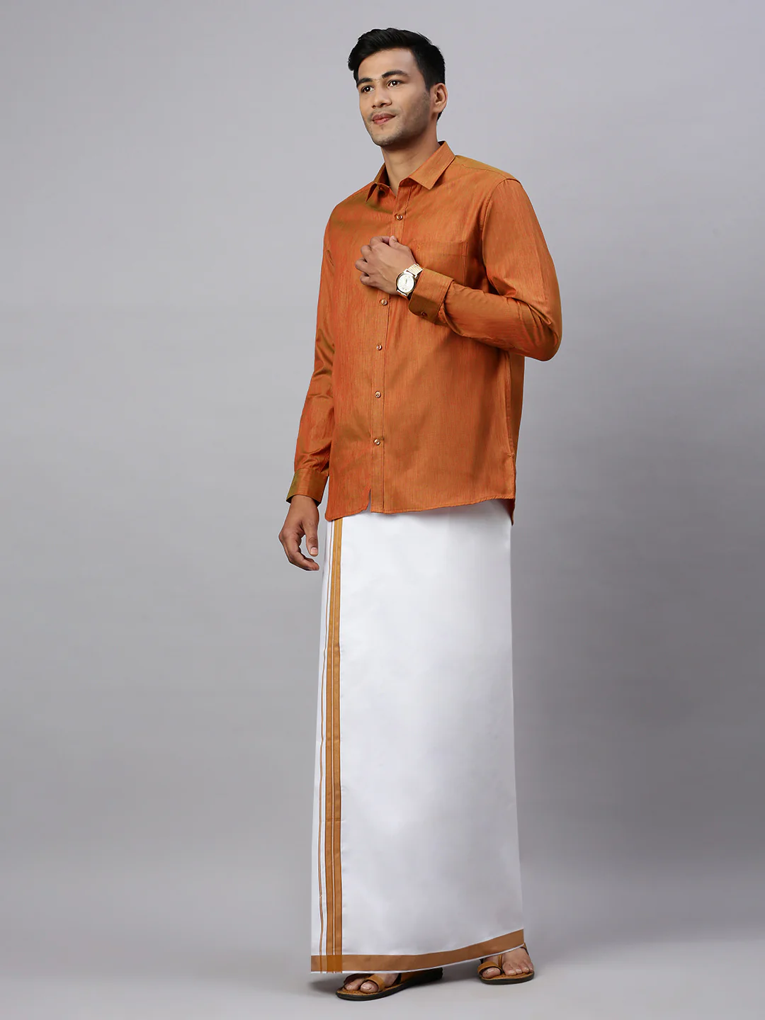 Men Brown Matching Border Dhoti & Full Sleeves Shirt Set CV3 - Image 2