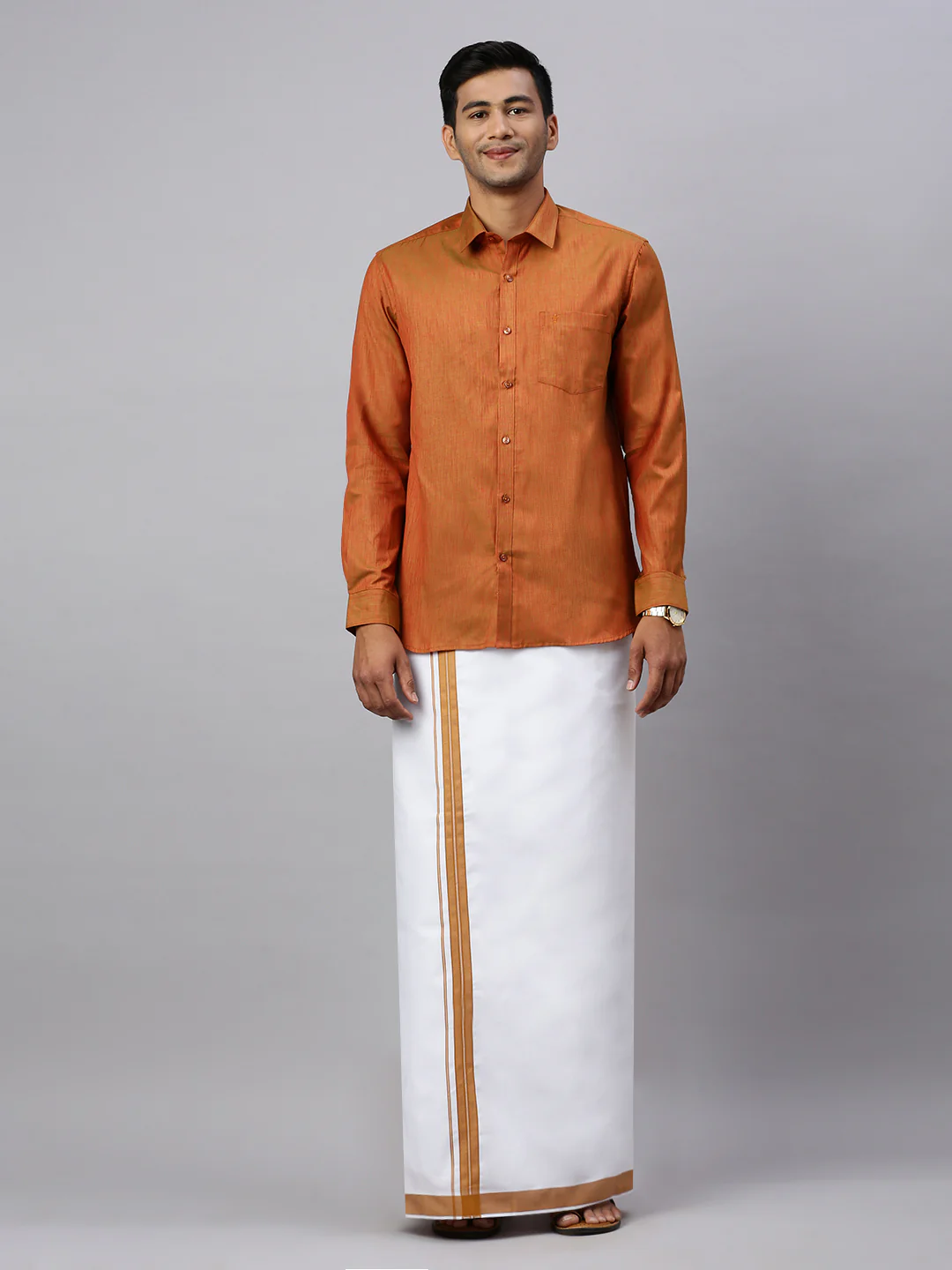 Men Brown Matching Border Dhoti & Full Sleeves Shirt Set CV3 - Image 3
