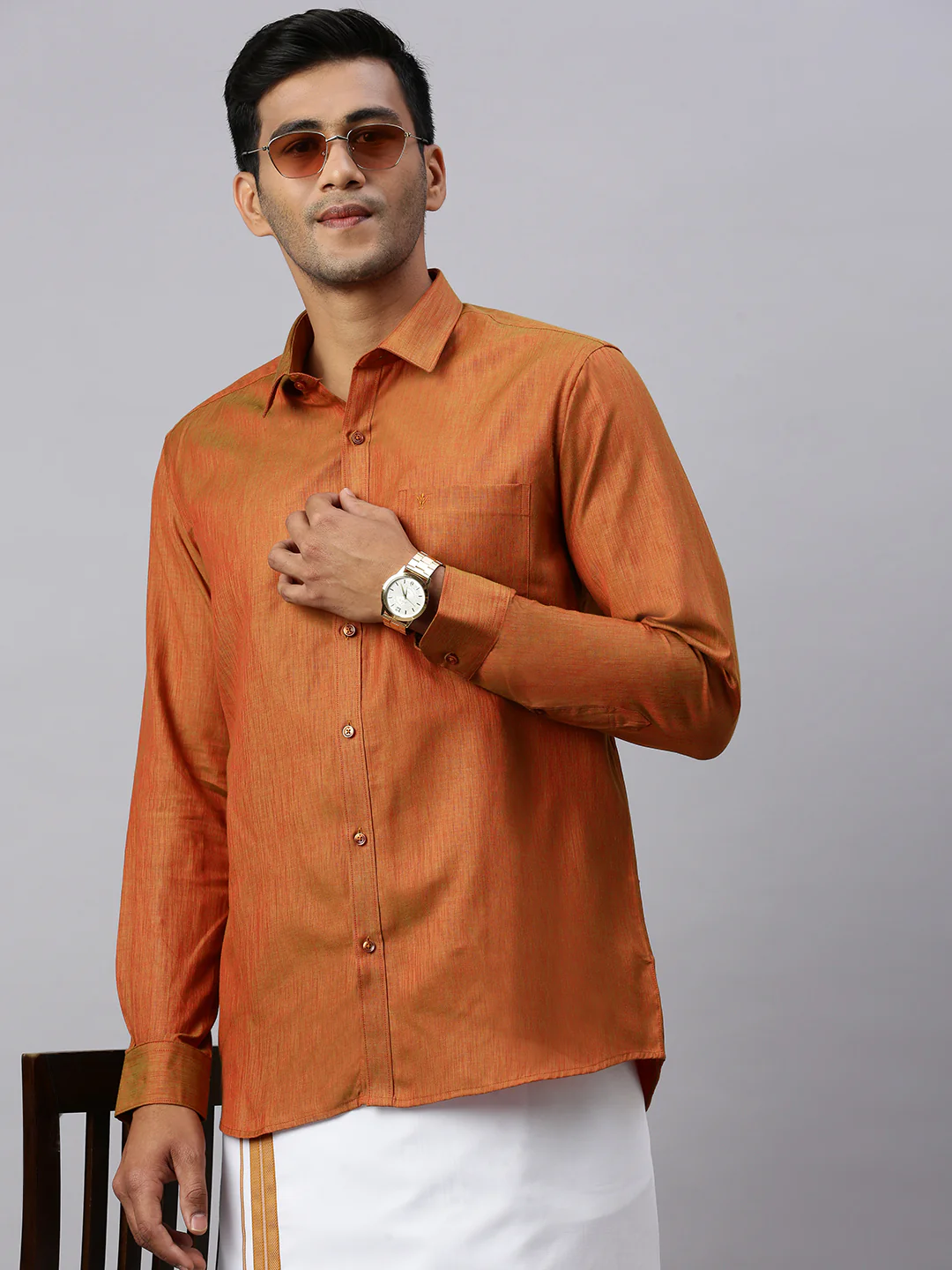 Men Brown Matching Border Dhoti & Full Sleeves Shirt Set CV3 - Image 4