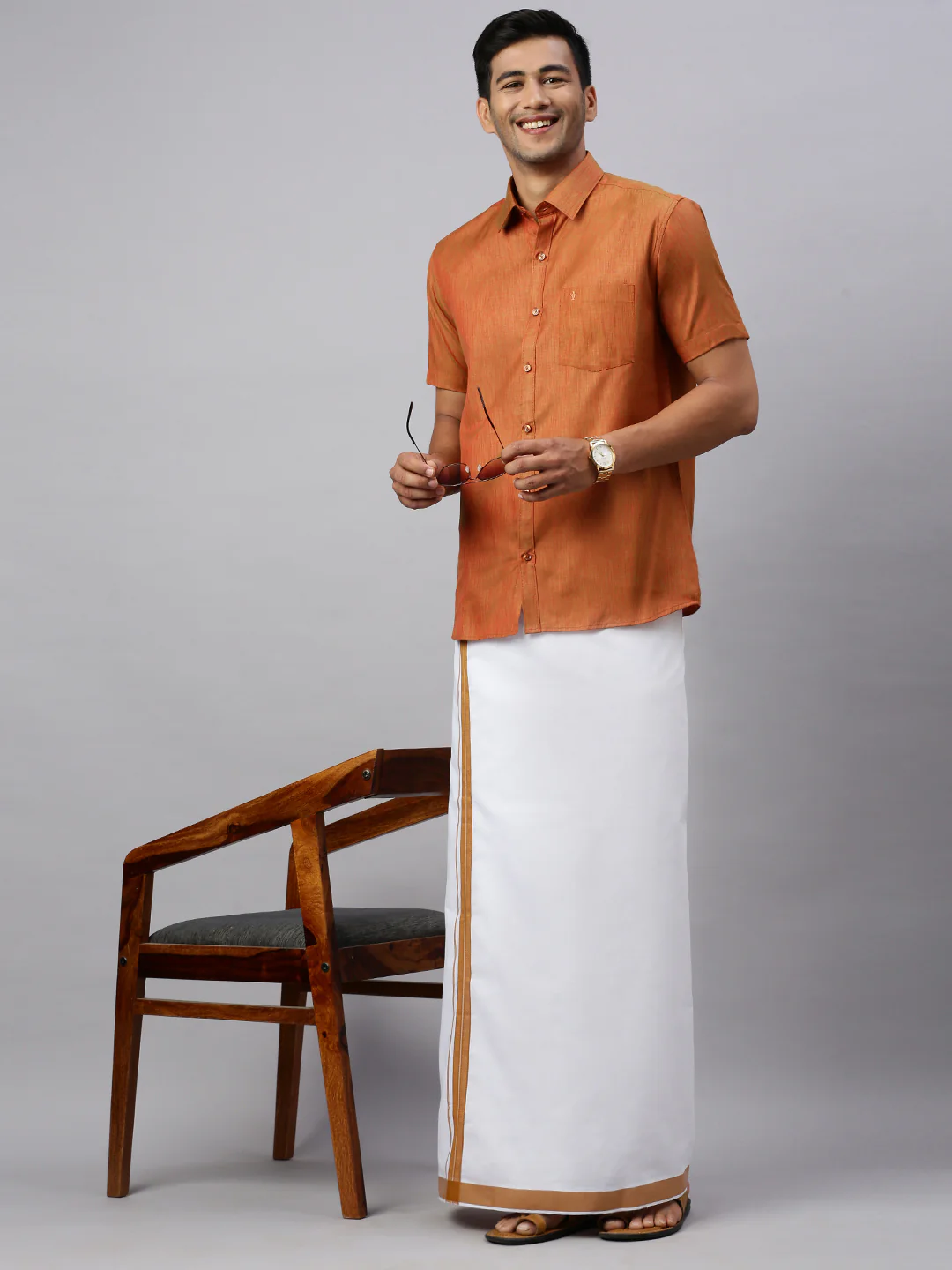 Men Brown Matching Border Dhoti & Half Sleeves Shirt Set CV3 - Image 2