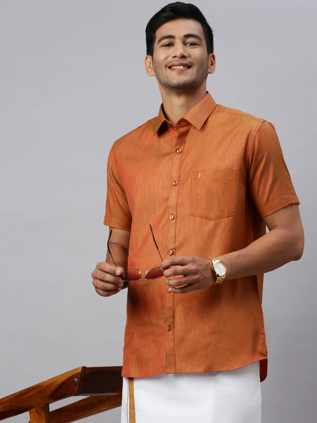 Men Brown Matching Border Dhoti & Half Sleeves Shirt Set CV3 - Image 3