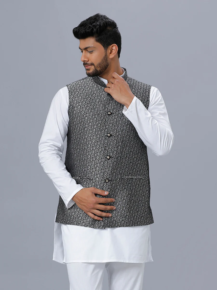 Men Checked Ethnic Jacket Black DC1 - Image 2