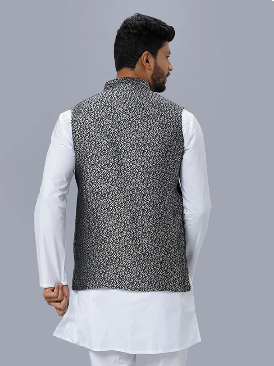 Men Checked Ethnic Jacket Black DC1 - Image 4