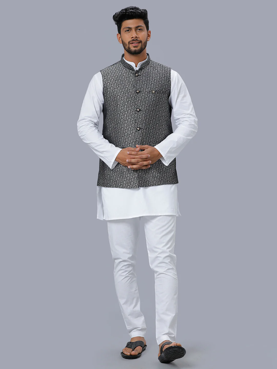 Men Checked Ethnic Jacket Black DC1 - Image 5