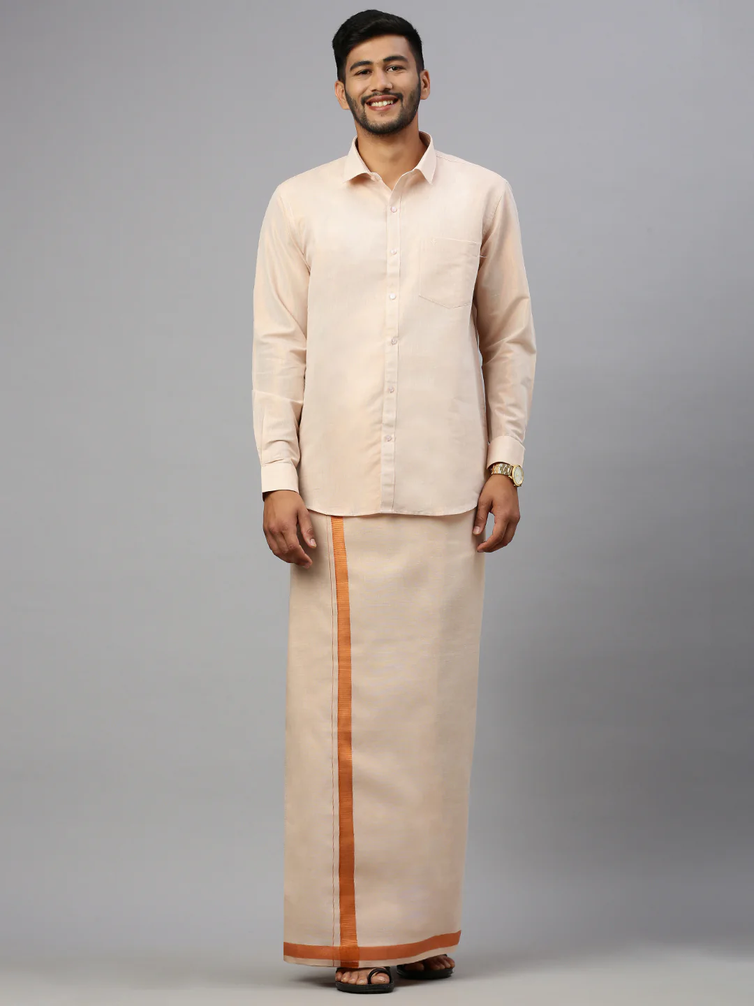 Men Copper Tissue Full Sleeves Shirt with Readymade Dhoti Combo
