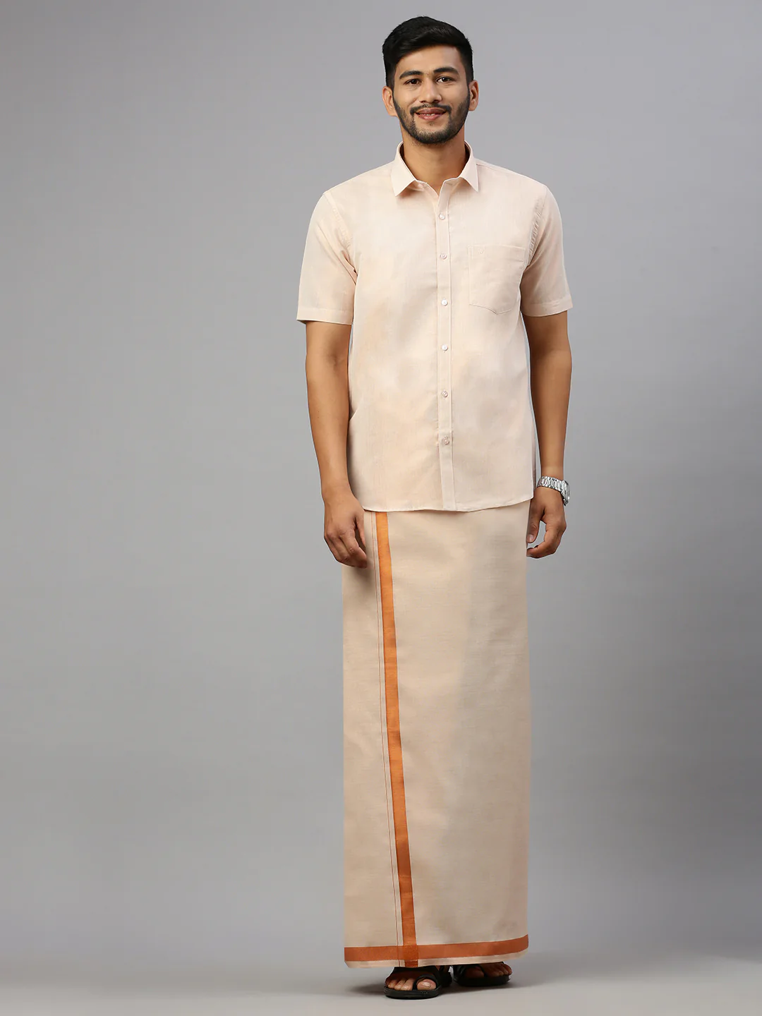 Men Copper Tissue Half Sleeves Shirt with Readymade Dhoti Combo